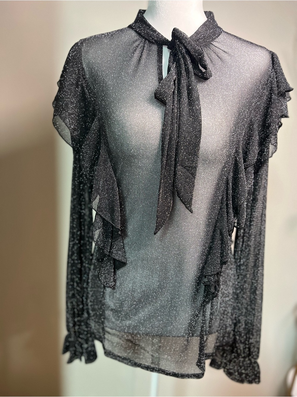 HYFVE Black Sheer Sparkle Tie-Neck Ruffle Blouse